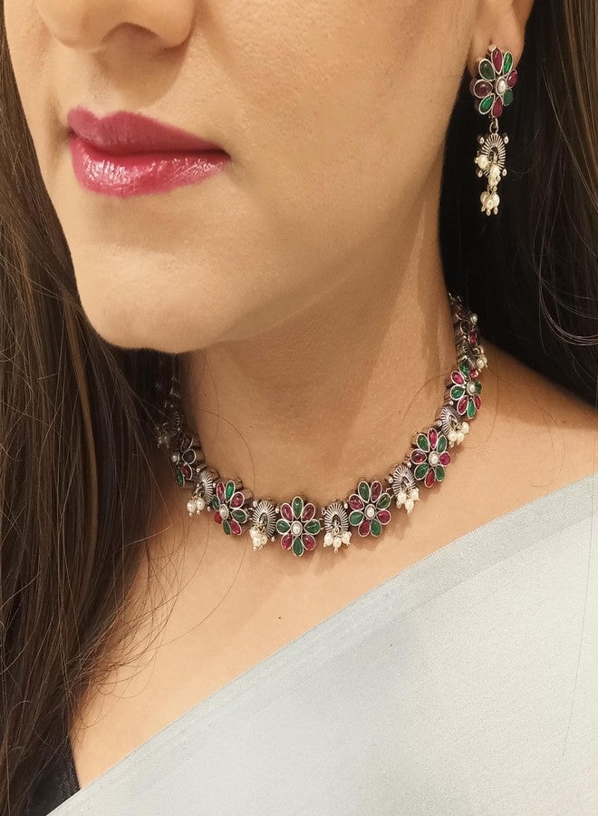 Efulgenz Indian Oxidized Jewelry Floral Faux Pearl Drop Indian Jewelry Sets for Women Antique Boho Multicolor Stone Necklace Sets Dangle Earrings Choker Necklace Earrings Set Bohemian Jewelry Set for Women - Image 3