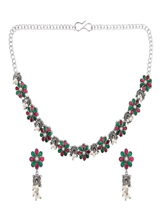 Efulgenz Indian Oxidized Jewelry Floral Faux Pearl Drop Indian Jewelry Sets for Women Antique Boho Multicolor Stone Necklace Sets Dangle Earrings Choker Necklace Earrings Set Bohemian Jewelry Set for Women - Image 1