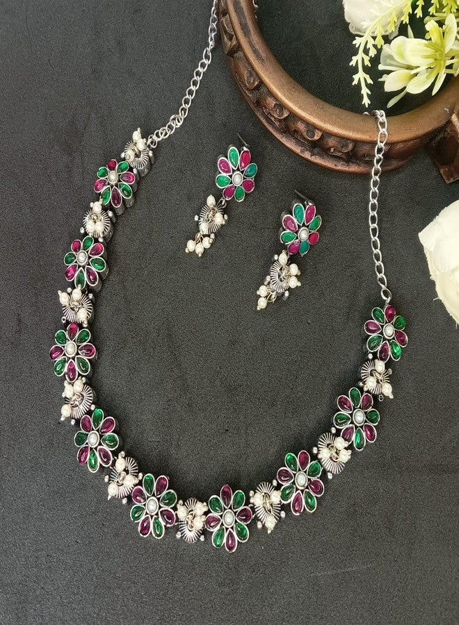 Efulgenz Indian Oxidized Jewelry Floral Faux Pearl Drop Indian Jewelry Sets for Women Antique Boho Multicolor Stone Necklace Sets Dangle Earrings Choker Necklace Earrings Set Bohemian Jewelry Set for Women - Image 2