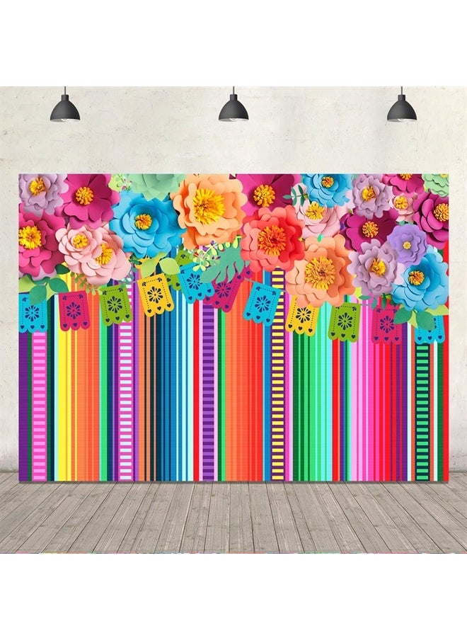 Ticuenicoa 7x5ft Mexican Fiesta Backdrop Photobooth Flowers Fiesta Background Drop Cinco De Mayo Backdrop for Pictures Floral Stripes Flags Birthday Party Mexican Party Decorations Photo Booth Props  - Image 2