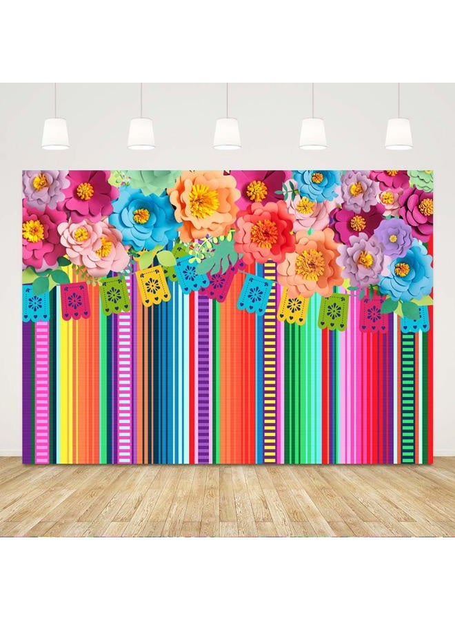 Ticuenicoa Mexican Fiesta Backdrop Photobooth Flowers Fiesta Background Drop Cinco De Mayo Backdrop for Pictures 7x5ft Floral Stripes Flags Birthday Party Mexican Party Decorations Mexican Photo Booth Props - Image 1