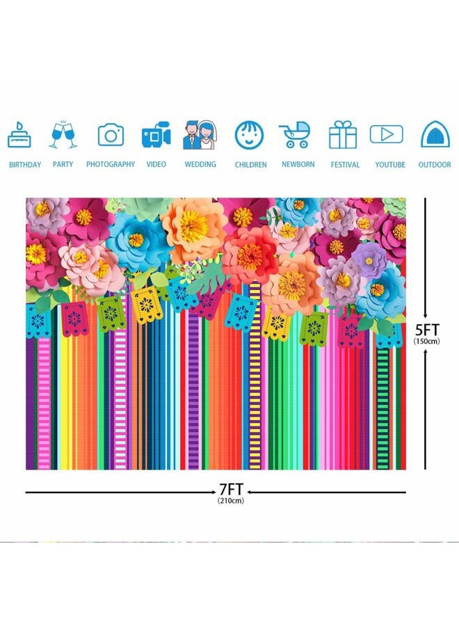 Ticuenicoa Mexican Fiesta Backdrop Photobooth Flowers Fiesta Background Drop Cinco De Mayo Backdrop for Pictures 7x5ft Floral Stripes Flags Birthday Party Mexican Party Decorations Mexican Photo Booth Props - Image 3