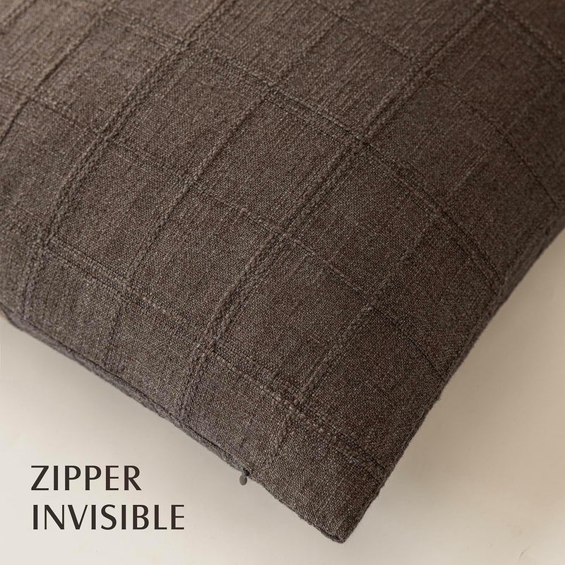 Foindtower Set of 1 Decorative Linen Check Throw Pillow Cover Neutral Farmhouse Vintage Cushion Cover Modern Boho Home Decor for Sofa Chair Couch Bedroom Living Room,22×22 Inch,Dark Brown - Image 3