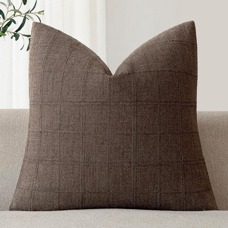 Foindtower Set of 1 Decorative Linen Check Throw Pillow Cover Neutral Farmhouse Vintage Cushion Cover Modern Boho Home Decor for Sofa Chair Couch Bedroom Living Room,22×22 Inch,Dark Brown - Image 1