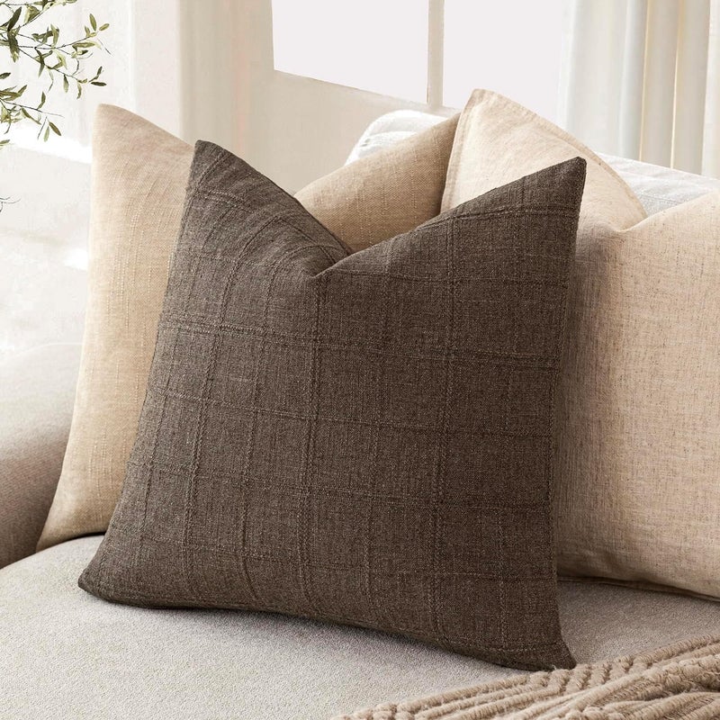 Foindtower Set of 1 Decorative Linen Check Throw Pillow Cover Neutral Farmhouse Vintage Cushion Cover Modern Boho Home Decor for Sofa Chair Couch Bedroom Living Room,22×22 Inch,Dark Brown - Image 5