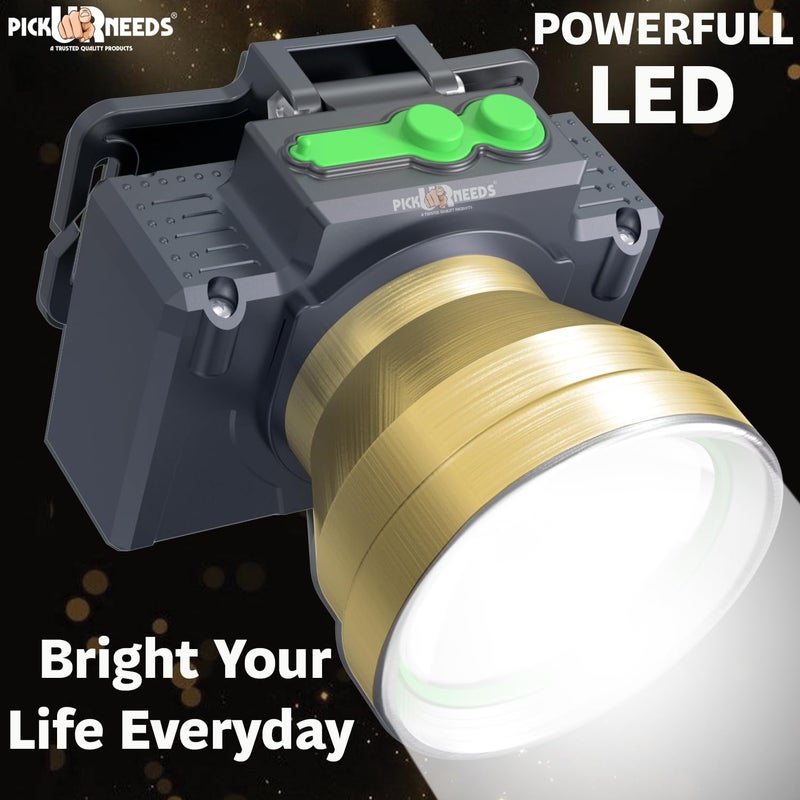 Pick Ur Needs Chargeable Head Lamp with 3 Type LED Metal Body 200W Laser 3600 mAh Long Battery 5 hrs Torch Emergency Light (Gold) - Image 3