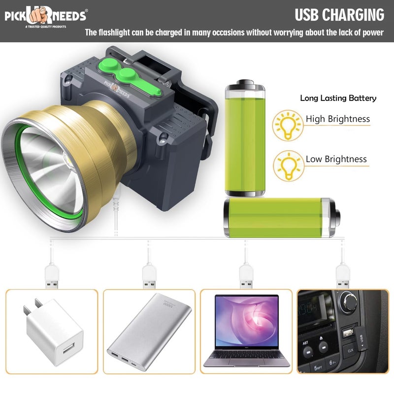 Pick Ur Needs Chargeable Head Lamp with 3 Type LED Metal Body 200W Laser 3600 mAh Long Battery 5 hrs Torch Emergency Light (Gold) - Image 2