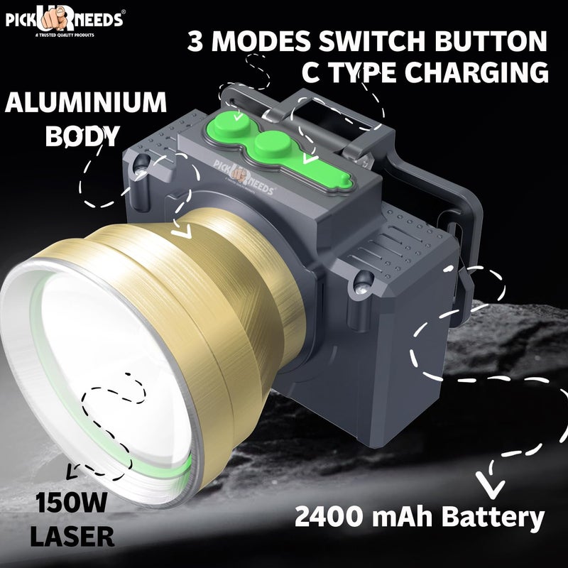 Pick Ur Needs Chargeable Head Lamp with 3 Type LED Metal Body 200W Laser 3600 mAh Long Battery 5 hrs Torch Emergency Light (Gold) - Image 5
