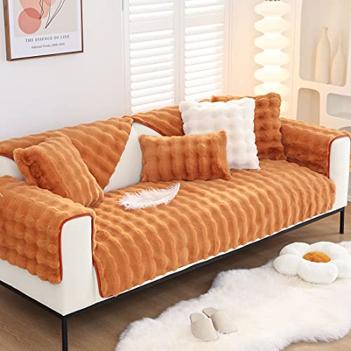 XSlive Soft Warm Faux Fur Couch Sofa Cover Thick Shaggy Fuzzy Sectional Couch Cover Non-Slip Solid Color Plush Sofa Slipcover Furniture Protector for Kids, Pets (Dark Orange,36"x82") - Image 2