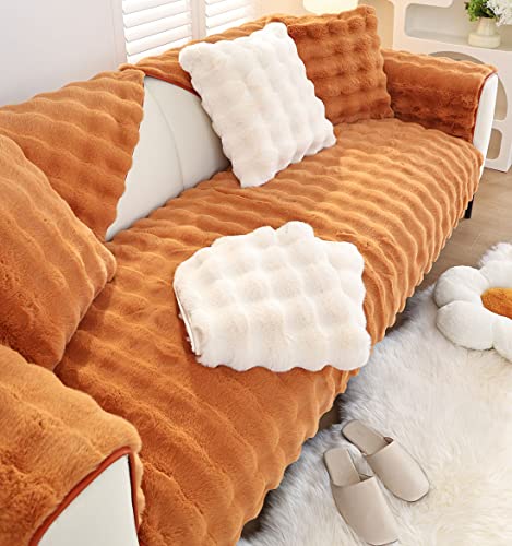 XSlive Soft Warm Faux Fur Couch Sofa Cover Thick Shaggy Fuzzy Sectional Couch Cover Non-Slip Solid Color Plush Sofa Slipcover Furniture Protector for Kids, Pets (Dark Orange,36"x82") - Image 5