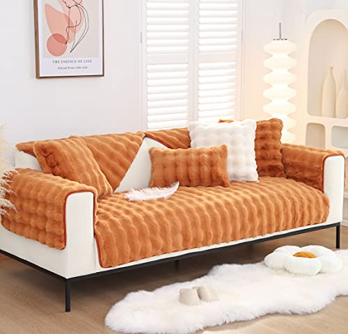XSlive Soft Warm Faux Fur Couch Sofa Cover Thick Shaggy Fuzzy Sectional Couch Cover Non-Slip Solid Color Plush Sofa Slipcover Furniture Protector for Kids, Pets (Dark Orange,36"x82") - Image 4
