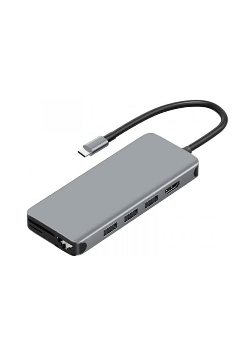 Generic - YOOO 12-in-1 Type-C Hub, USB 3.0, Dual HDMI, RJ45 LAN, SD/TF Card Reader, 3.5mm Audio Jack, Type-C, 4K HD, PD Fast Charging – Grey - Image 1