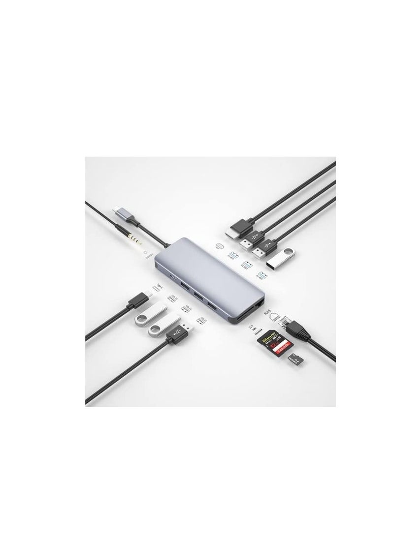 Generic - YOOO 12-in-1 Type-C Hub, USB 3.0, Dual HDMI, RJ45 LAN, SD/TF Card Reader, 3.5mm Audio Jack, Type-C, 4K HD, PD Fast Charging – Grey - Image 1