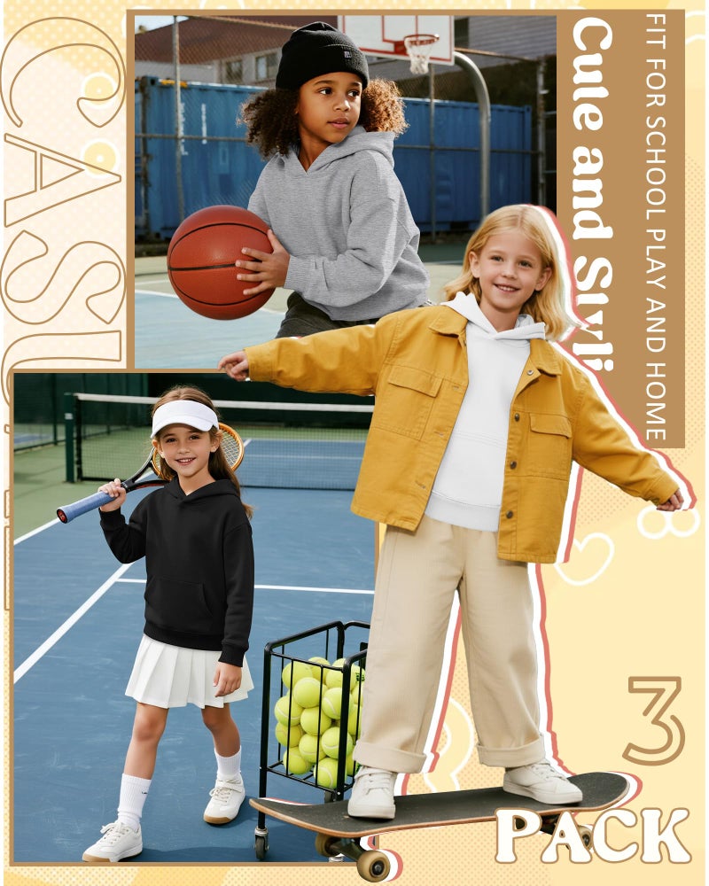 LessonZoo 3 Pack Girls Hoodies Lightweight Kids Oversized Hooded Sweatshirt Cute Long Sleeve Pullover Sweatshirts with Pocket(White, Light Gray, Black,9-10 Years) - Image 5