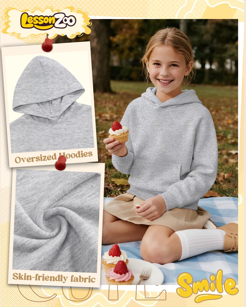 LessonZoo 3 Pack Girls Hoodies Lightweight Kids Oversized Hooded Sweatshirt Cute Long Sleeve Pullover Sweatshirts with Pocket(White, Light Gray, Black,9-10 Years) - Image 4