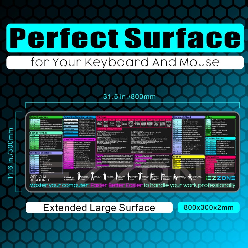 iEZZONE Excel Shortcut Keys Mouse Pad|Excel Cheat Sheet Desk Pad - Large XL Cheat Sheet Gaming Mouse pad | PC Office Spreadsheet Keyboard Mat | Non-Slip Stitched Edge (Black) - Image 2