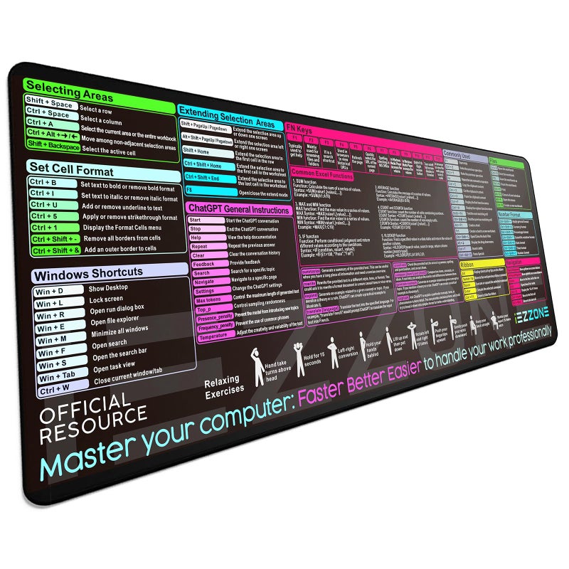 iEZZONE Excel Shortcut Keys Mouse Pad|Excel Cheat Sheet Desk Pad - Large XL Cheat Sheet Gaming Mouse pad | PC Office Spreadsheet Keyboard Mat | Non-Slip Stitched Edge (Black) - Image 1