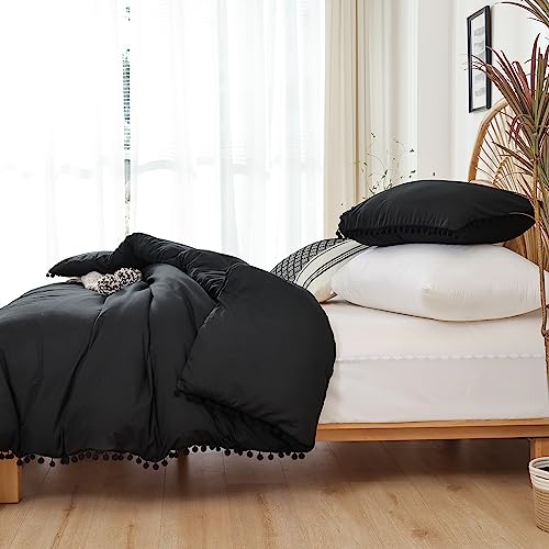 YIRDDEO Queen Comforter Set - Comforter Queen Size Sets with Ball Pom Fringe, Soft Bedding Set for All Seasons - 3 Pieces, 1 Comforter (90"x90") & 2 Pillow Shams (20"x26"), Black - Image 3