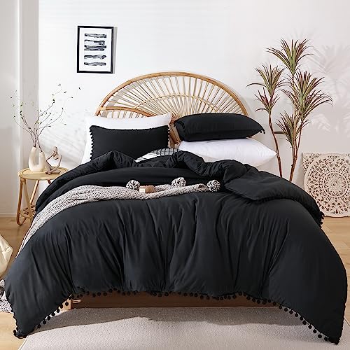 YIRDDEO Queen Comforter Set - Comforter Queen Size Sets with Ball Pom Fringe, Soft Bedding Set for All Seasons - 3 Pieces, 1 Comforter (90"x90") & 2 Pillow Shams (20"x26"), Black - Image 2
