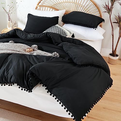 YIRDDEO Queen Comforter Set - Comforter Queen Size Sets with Ball Pom Fringe, Soft Bedding Set for All Seasons - 3 Pieces, 1 Comforter (90"x90") & 2 Pillow Shams (20"x26"), Black - Image 1