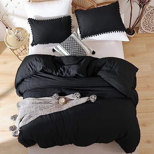 YIRDDEO Queen Comforter Set - Comforter Queen Size Sets with Ball Pom Fringe, Soft Bedding Set for All Seasons - 3 Pieces, 1 Comforter (90"x90") & 2 Pillow Shams (20"x26"), Black - Image 5