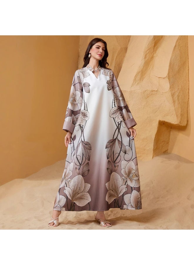 Elegant style V-neck Flowers Bead Regular sleeve Kaftan Dress Abaya-XL - Image 5