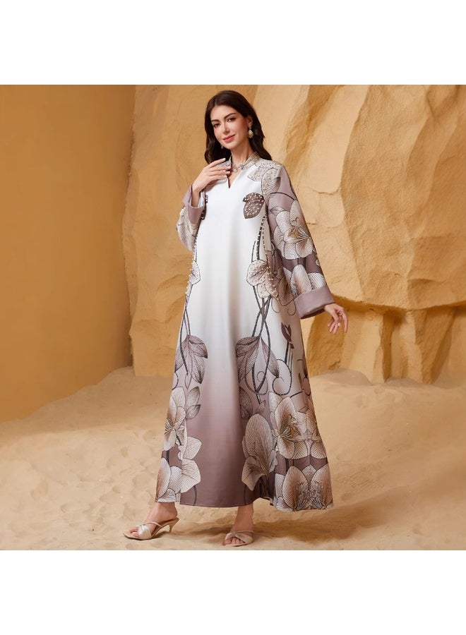 Elegant style V-neck Flowers Bead Regular sleeve Kaftan Dress Abaya-XL - Image 3