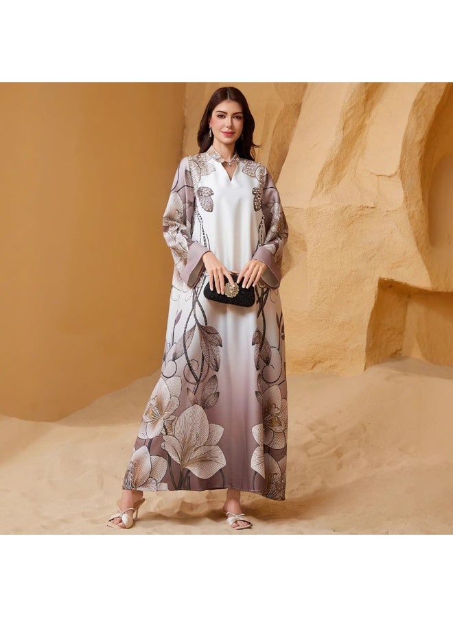 Elegant style V-neck Flowers Bead Regular sleeve Kaftan Dress Abaya-XL - Image 1