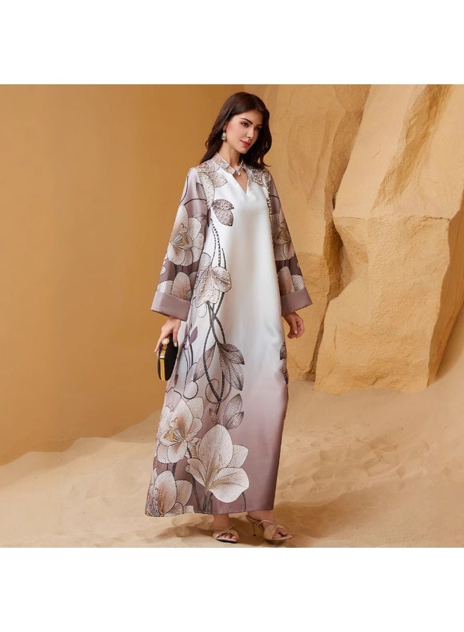 Elegant style V-neck Flowers Bead Regular sleeve Kaftan Dress Abaya-XL - Image 4