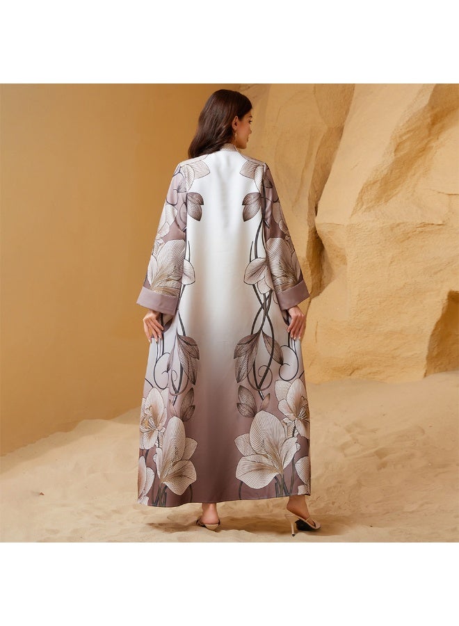 Elegant style V-neck Flowers Bead Regular sleeve Kaftan Dress Abaya-XL - Image 2