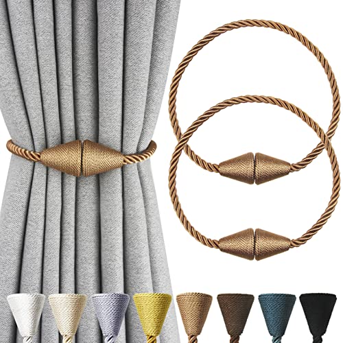 Nieffeiy 2 Pack Magnetic Curtain Tiebacks Rope Modern Handmade Curtain Tie Backs Decorative Drapes Weave Holdbacks for Window Décor, Khaki - Image 1