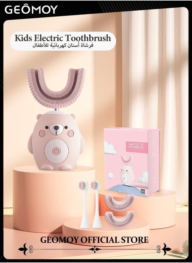 Geomoy Kids Electric Toothbrush U-Shaped Ultrasonic Toddler Automatic Toothbrush with 2 U-Shaped Replacements and 2 Straight Replacement for 2-7 Years Old - Image 1