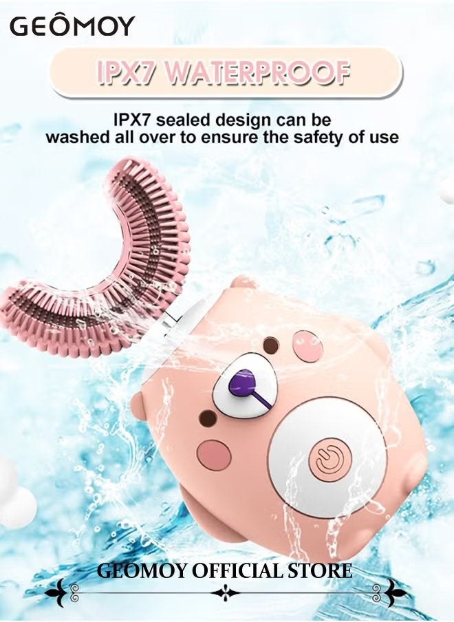 Geomoy Kids Electric Toothbrush U-Shaped Ultrasonic Toddler Automatic Toothbrush with 2 U-Shaped Replacements and 2 Straight Replacement for 2-7 Years Old - Image 3