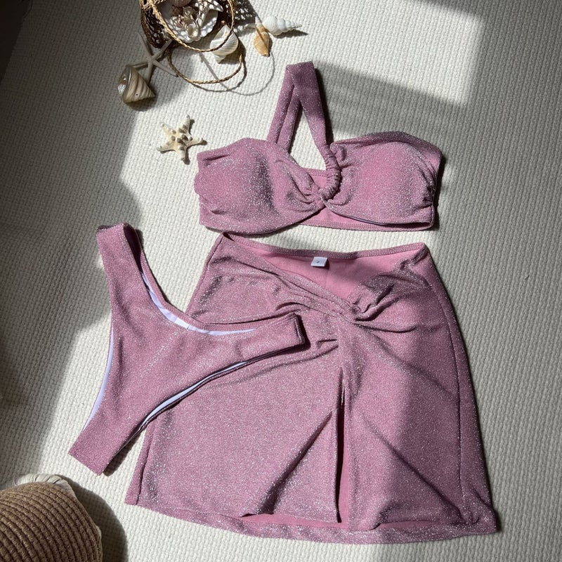 2024 New Solid One-Shoulder Bikini Swimwear Set Pink  - Image 1