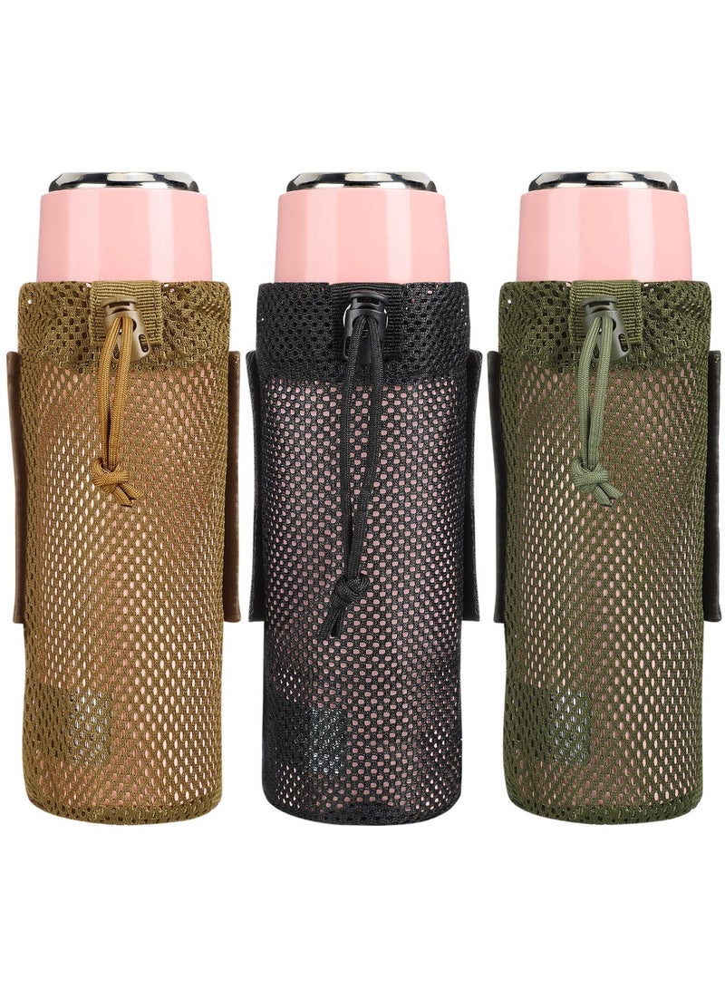 SOLARAE 3 Pcs Adjustable Water Bottle Pouch, Molle Tactical Storage Mesh Bag for 17 Oz Drink Cup Lightweight Foldable Mesh Water Bottle Holder for Backpack Travel Bag (Brown, Army-Green, Black) - Image 1