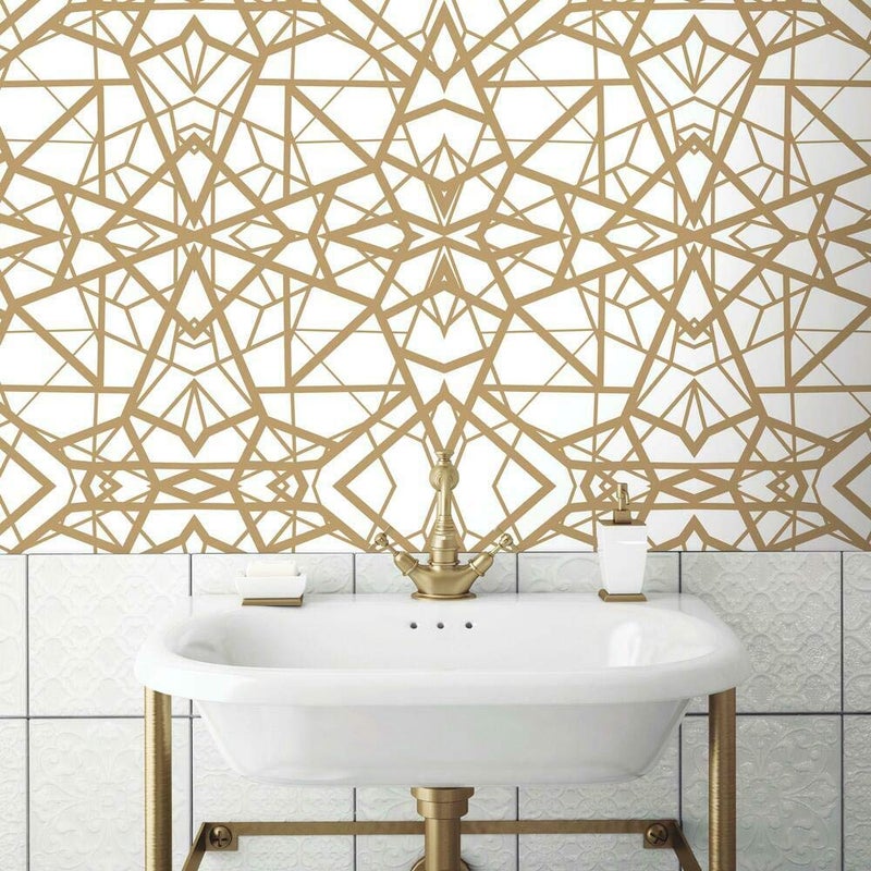 RoomMates RMK10687WP White and Metallic Gold Shatter Geometric Peel and Stick Wallpaper 205 wide x 165 feet