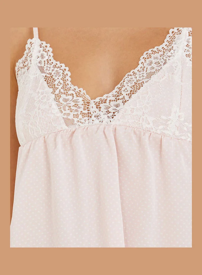 Styli Satin Spot Cami and Wide Scallop Lace Trim Short Set