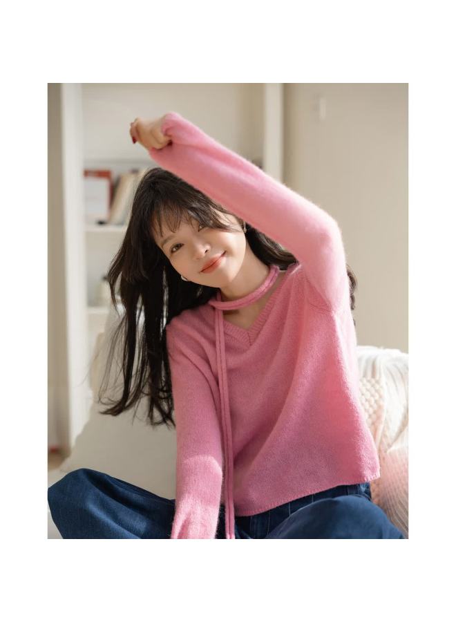 Mt French Style Autumn V-neck Knit Sweater With Neck Tie, Soft Wool Blend, Comfortable Slimming Women's Top - Image 1