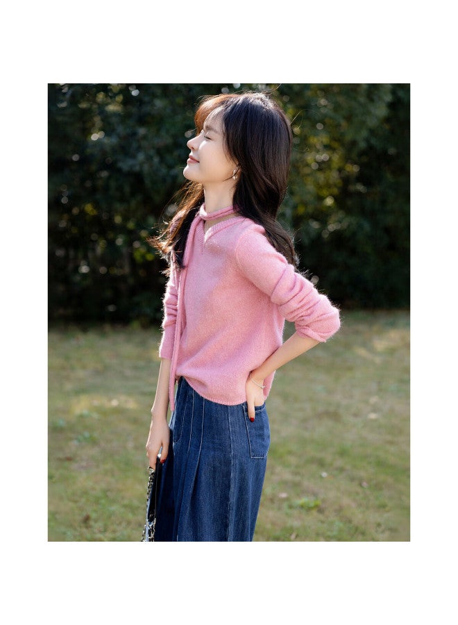 Mt French Style Autumn V-neck Knit Sweater With Neck Tie, Soft Wool Blend, Comfortable Slimming Women's Top - Image 5