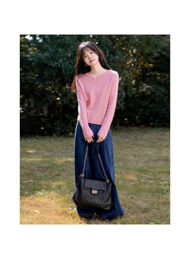 Mt French Style Autumn V-neck Knit Sweater With Neck Tie, Soft Wool Blend, Comfortable Slimming Women's Top - Image 4