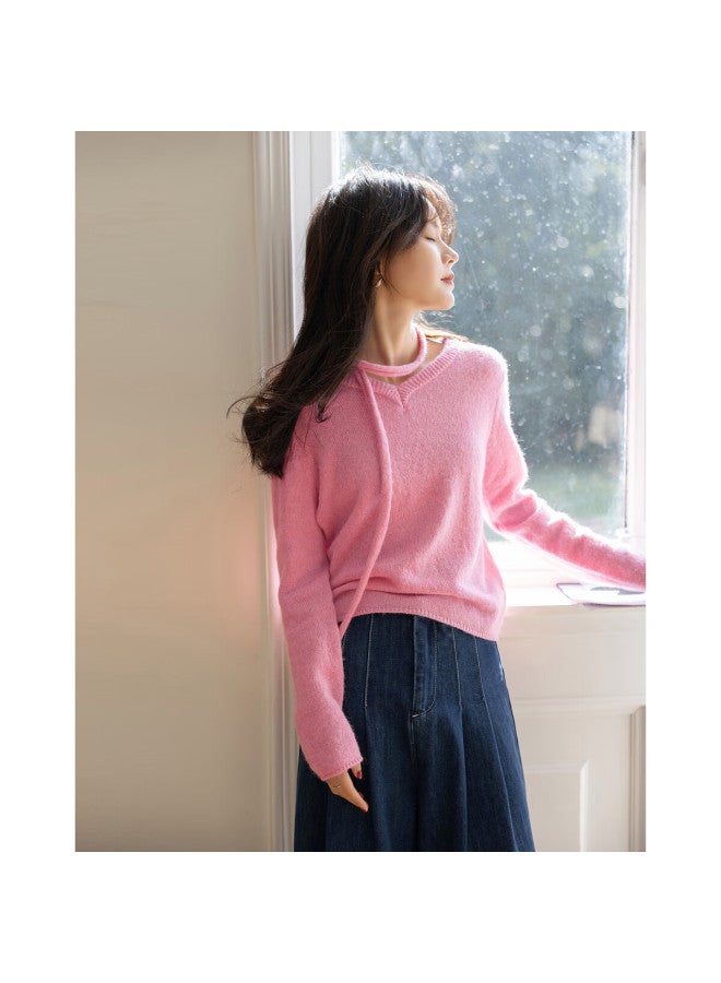 Mt French Style Autumn V-neck Knit Sweater With Neck Tie, Soft Wool Blend, Comfortable Slimming Women's Top - Image 3