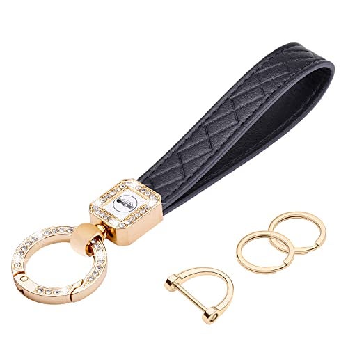Wisdompro Bling Leather Car Keychain, Universal Microfiber Leather Key FOB Keychain Key Chain Holder Accessories with Sparkly Rhinestones, Anti-lost D-ring and 2 Key Rings for Men and Women - Black - Image 1