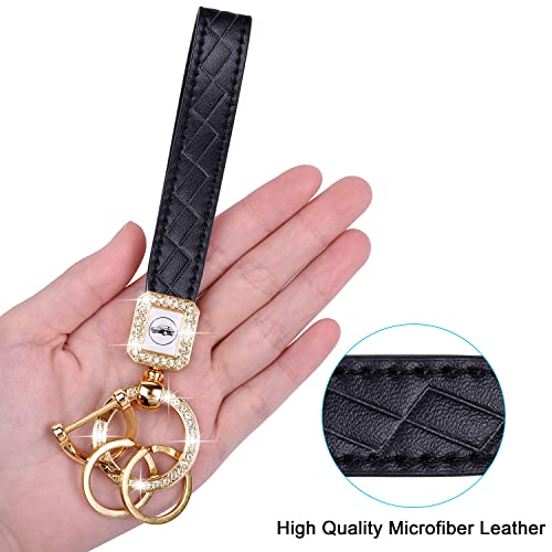 Wisdompro Bling Leather Car Keychain, Universal Microfiber Leather Key FOB Keychain Key Chain Holder Accessories with Sparkly Rhinestones, Anti-lost D-ring and 2 Key Rings for Men and Women - Black - Image 2