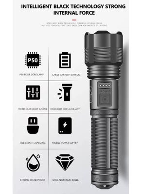Birud Birud Zoomable LED USB Torch Light Adjustable Focus Tactical Flashlight with 5 Modes Torch for Emergency Best Camping Outdoor Telescopic Zoom  - Image 5