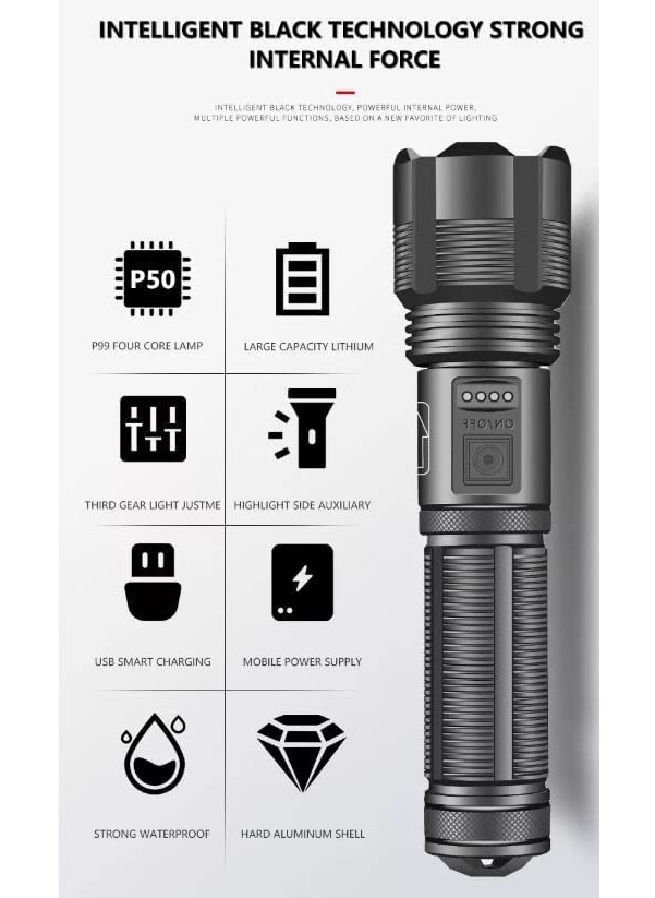 Birud - Birud Zoomable LED USB Torch Light Adjustable Focus Tactical Flashlight with 5 Modes Torch for Emergency Best Camping Outdoor Telescopic Zoom - Image 1