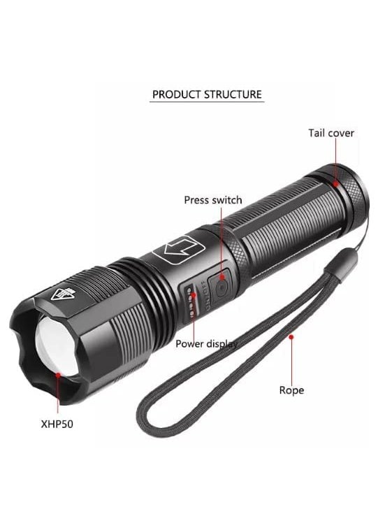 Birud - Birud Zoomable LED USB Torch Light Adjustable Focus Tactical Flashlight with 5 Modes Torch for Emergency Best Camping Outdoor Telescopic Zoom - Image 1