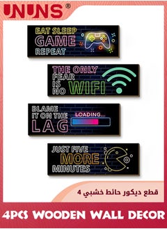 UNUNS 4 قطع ديكور ألعاب نيون لغرفة الأولاد، لوحة فنية جدارية خشبية لألعاب الفيديو، 11.41 × 3.93 بوصة، لوحات جدارية معلقة عليها اقتباسات تحفيزية لألعاب الأولاد، غرفة نوم الأطفال، ديكور غرفة اللعب  - Image 1