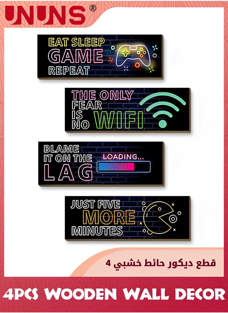 UNUNS 4 Pieces Neon Gaming Decor for Boys Room,Wooden Video Game Wall Art Print,11.41 x 3.93 Inch Motivational Quote Gamer Hanging Plaques Wall Decor for Boys Kids Room Bedroom Playroom Decor  - Image 1