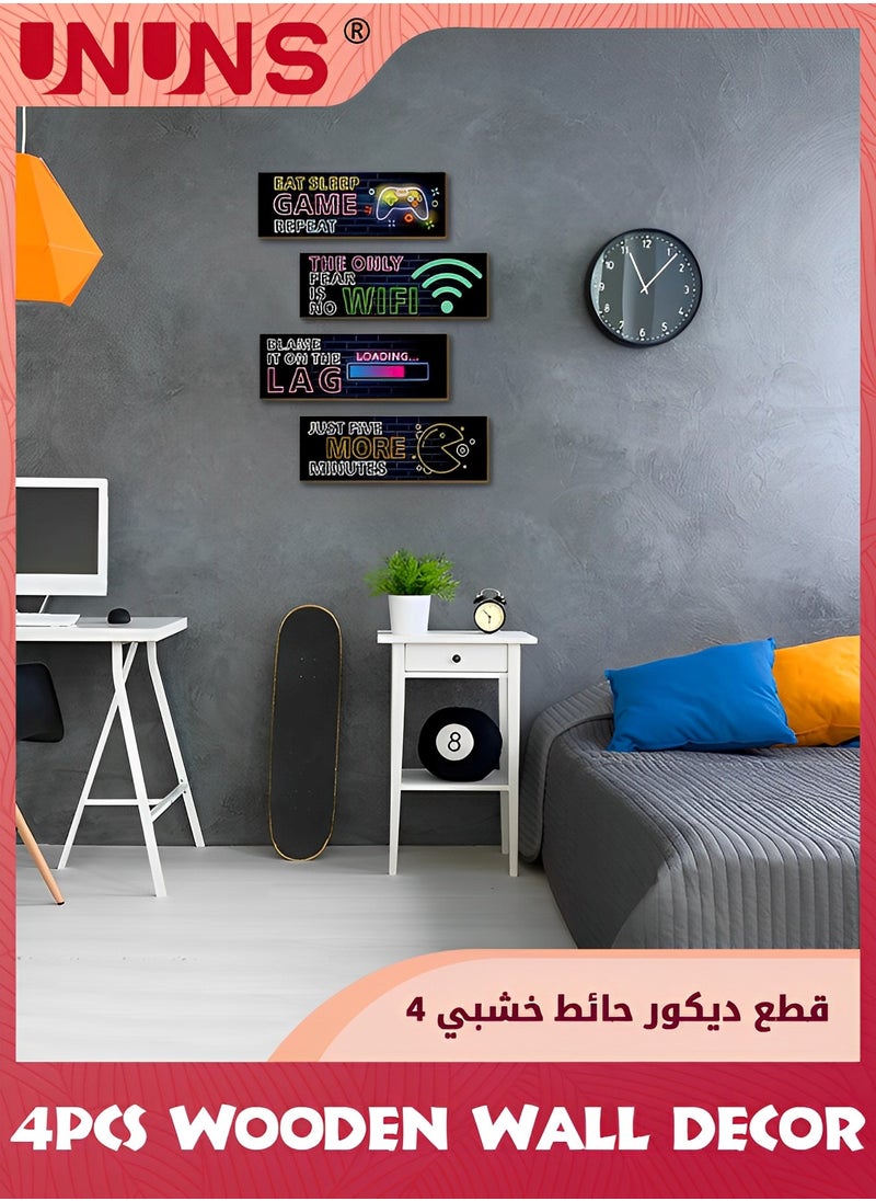 UNUNS 4 Pieces Neon Gaming Decor for Boys Room,Wooden Video Game Wall Art Print,11.41 x 3.93 Inch Motivational Quote Gamer Hanging Plaques Wall Decor for Boys Kids Room Bedroom Playroom Decor  - Image 3