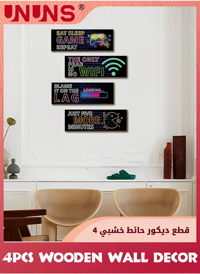 UNUNS 4 Pieces Neon Gaming Decor for Boys Room,Wooden Video Game Wall Art Print,11.41 x 3.93 Inch Motivational Quote Gamer Hanging Plaques Wall Decor for Boys Kids Room Bedroom Playroom Decor  - Image 5